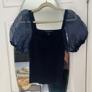 French Connection Navy Sheer Puff Sleeve Blouse